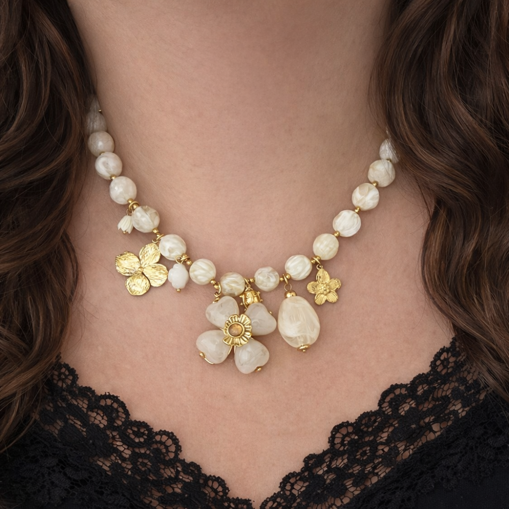 Collier fleurs nacrées charms acier inoxydable | bijoux acier inoxydable | Gaou Bijoux
