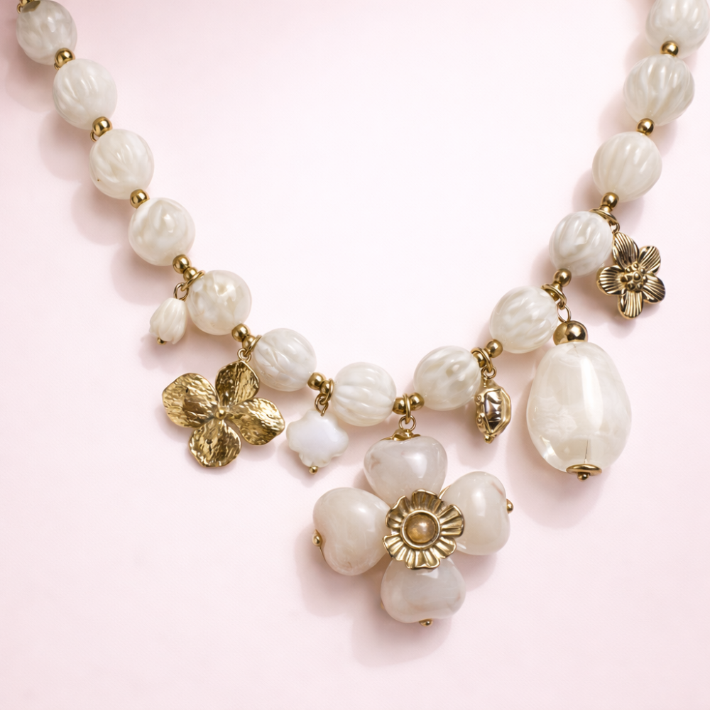 Collier fleurs nacrées charms acier inoxydable | bijoux acier inoxydable | Gaou Bijoux