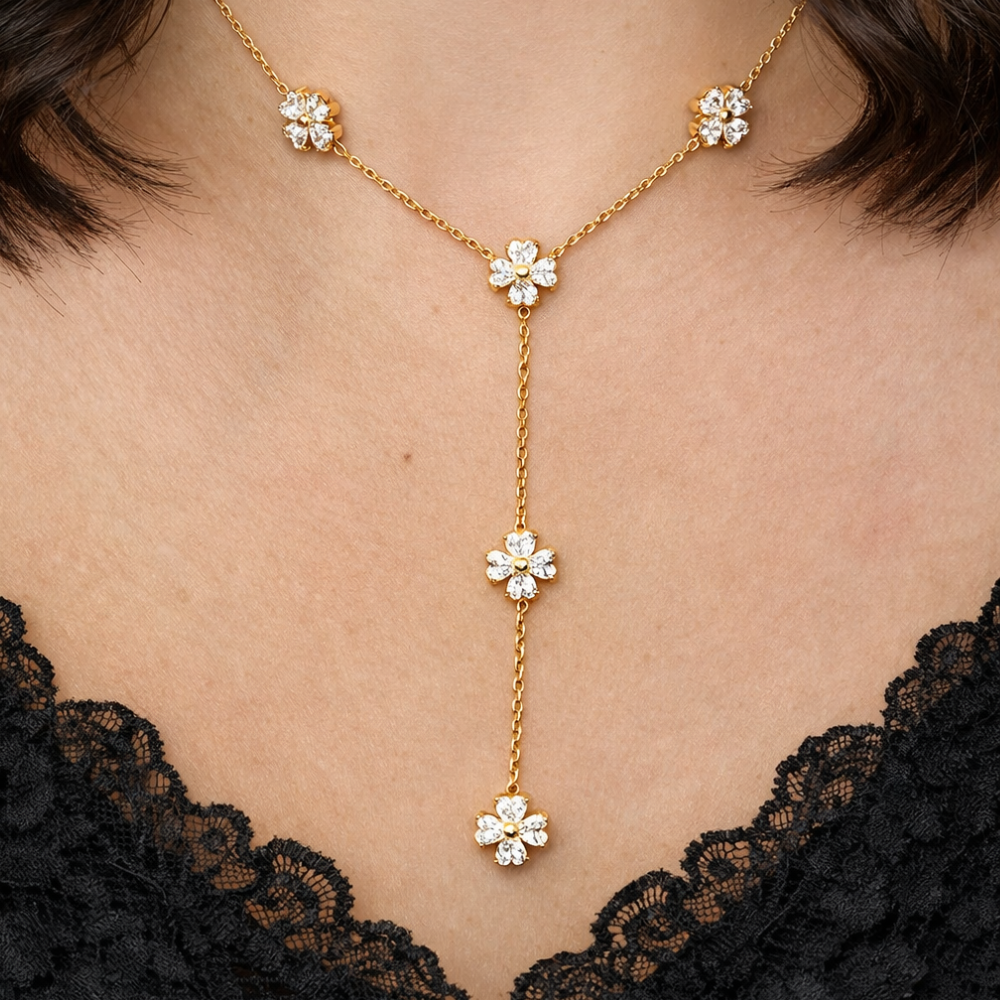 Collier Y fleurs zircon acier inoxydable | bijoux acier inoxydable | Gaou Bijoux