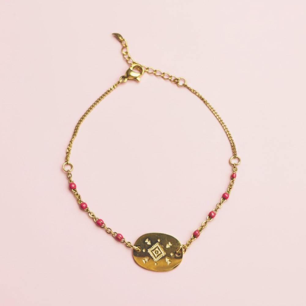 Bracelet perles rouges & médaillon doré Sahara – acier inoxydable | Gaou Bijoux