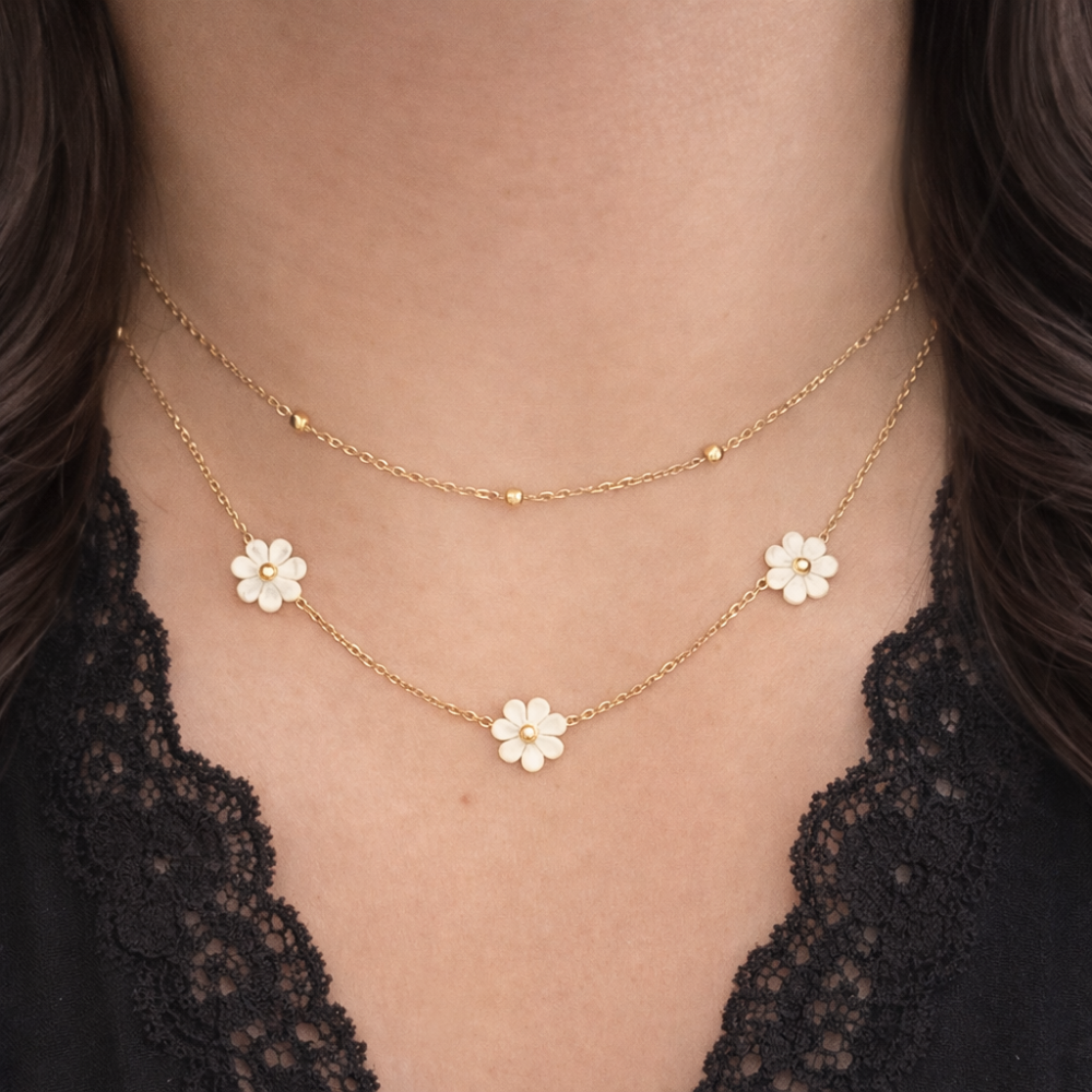 Collier double rang marguerites acier inoxydable | bijoux acier inoxydable | Gaou Bijoux