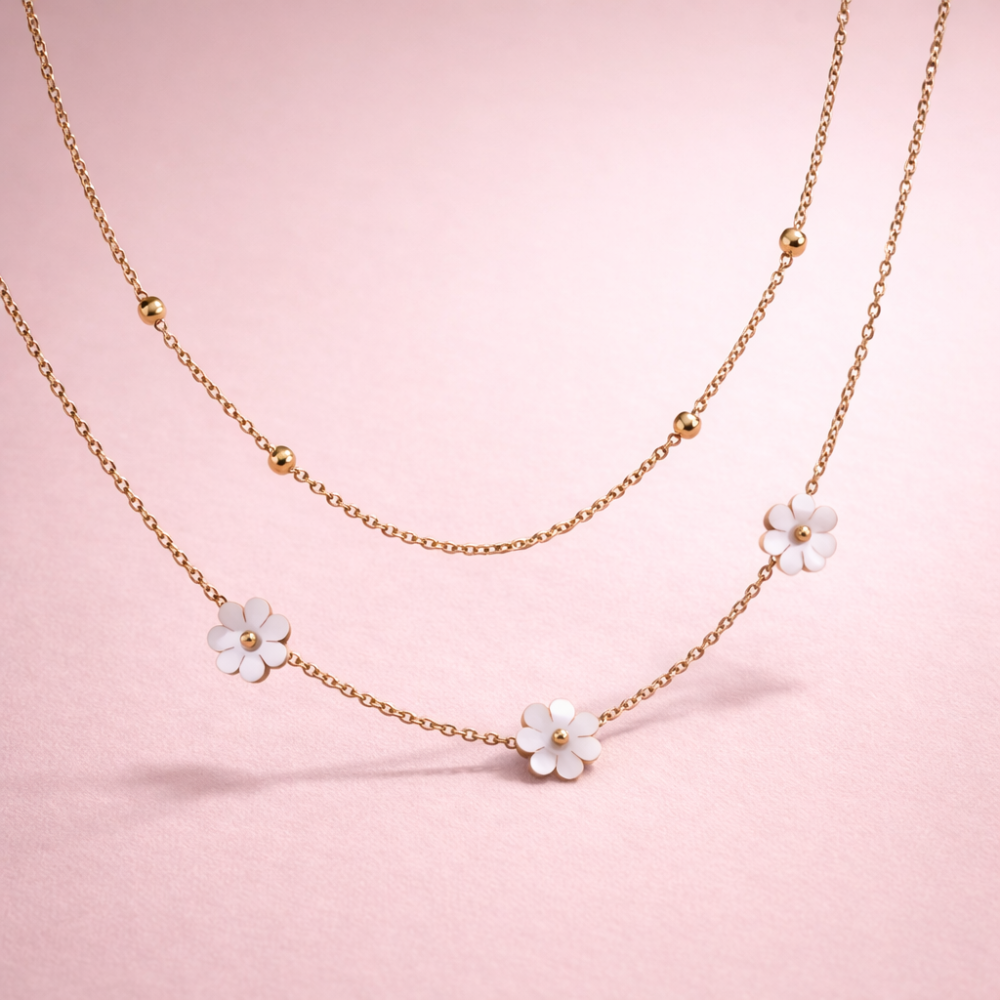 Collier double rang marguerites acier inoxydable | bijoux acier inoxydable | Gaou Bijoux