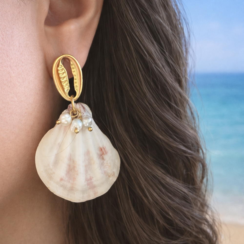 Boucles d’oreilles coquillage perles acier inoxydable | bijoux acier inoxydable | Gaou Bijoux