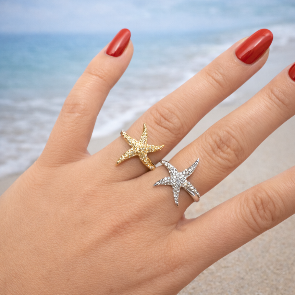 Bague étoile de mer brillante Maho zircons en acier inoxydable, disponible en doré ou argenté. Un bijou lumineux inspiré de l’oc