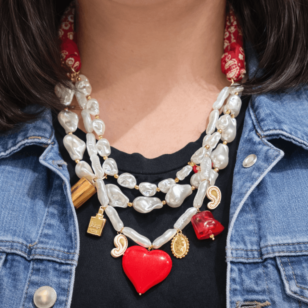 Sautoir Carmen perles nacrées cœur rouge acier inoxydable bijoux acier inoxydable | Gaou Bijoux