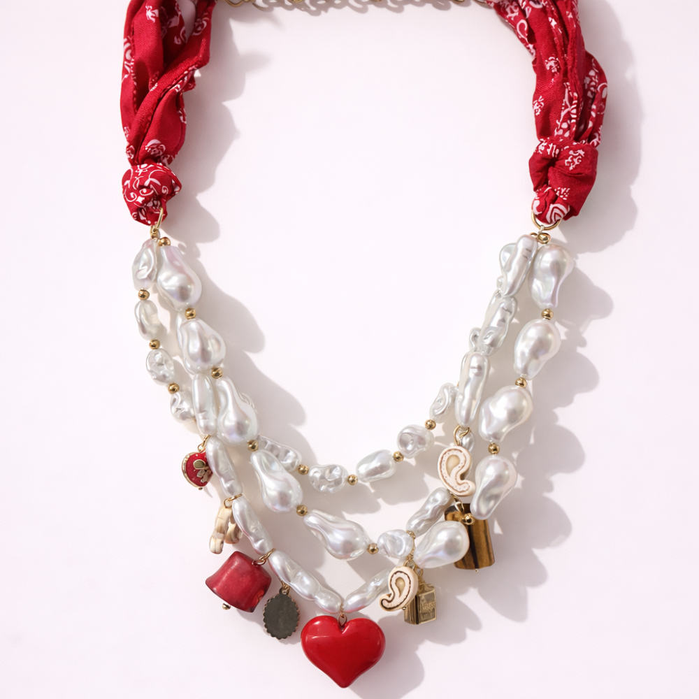 Sautoir Carmen perles nacrées cœur rouge acier inoxydable bijoux acier inoxydable | Gaou Bijoux