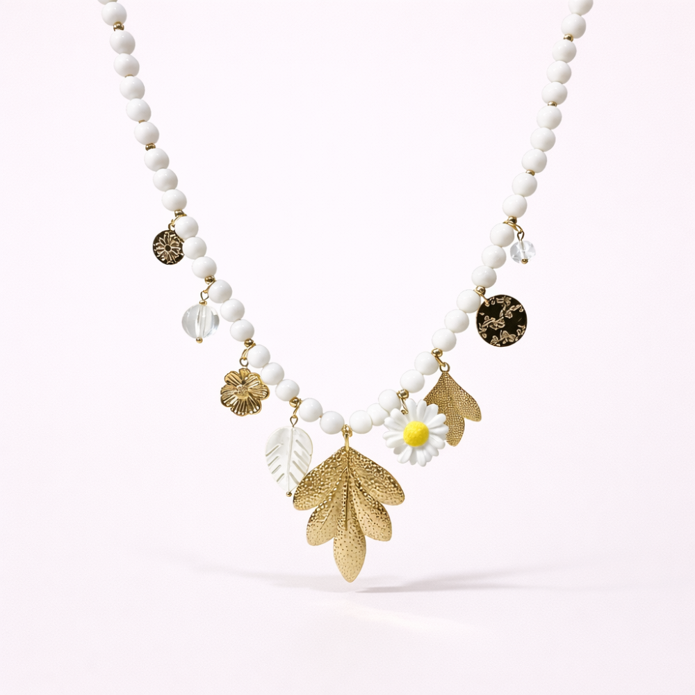 Collier Daisy perles blanches charms feuilles et fleurs bijoux acier inoxydable | Gaou Bijoux