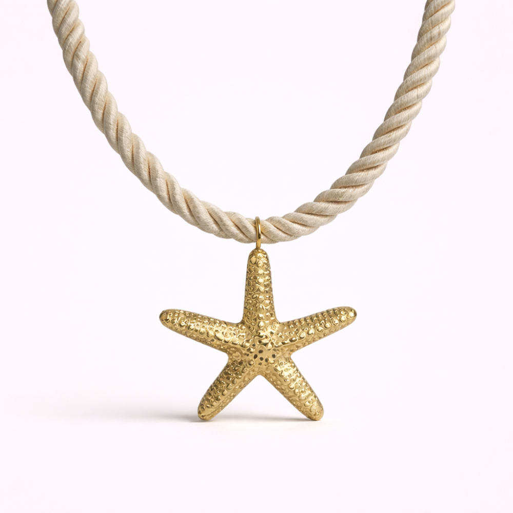 Collier Étoile de Mer Dorée avec Chaîne en Tissu Torsadé | bijoux acier inoxydable | Gaou Bijoux