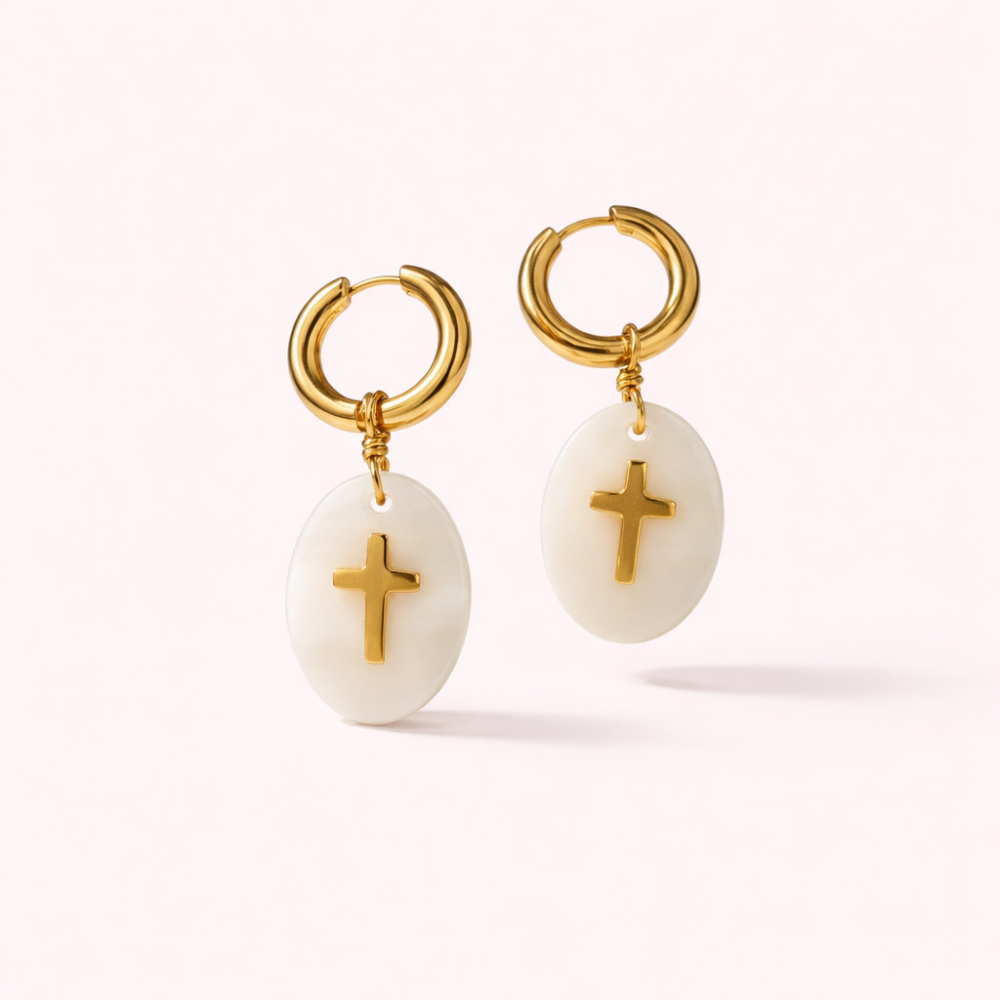 Boucles créoles pendentif croix nacre acier inoxydable bijoux acier inoxydable | Gaou Bijoux