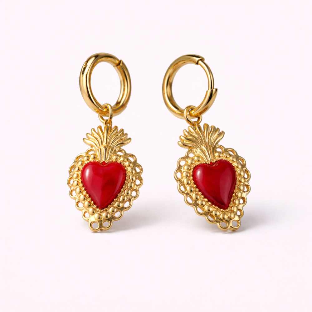 Boucles d’Oreilles Cœur Sacré Rouge | Boucles acier inoxydable | Gaou Bijoux