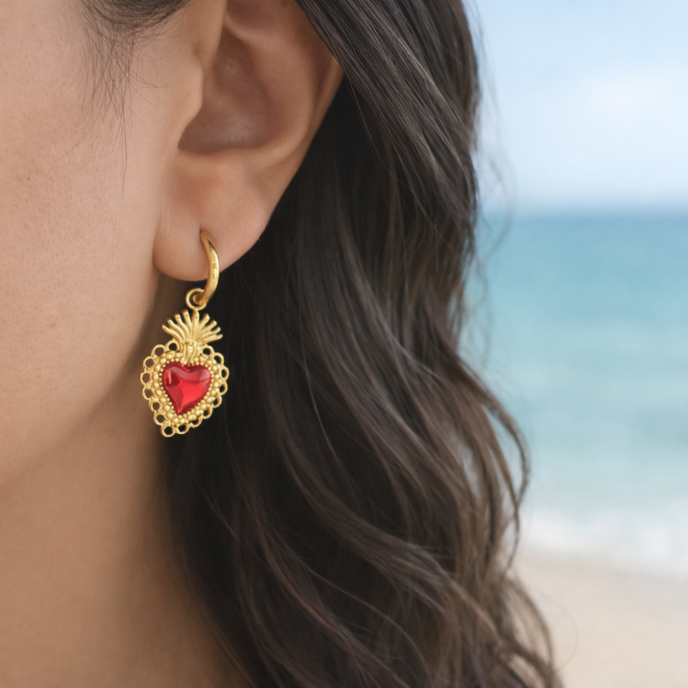 Boucles d’Oreilles Cœur Sacré Rouge | Boucles acier inoxydable | Gaou Bijoux