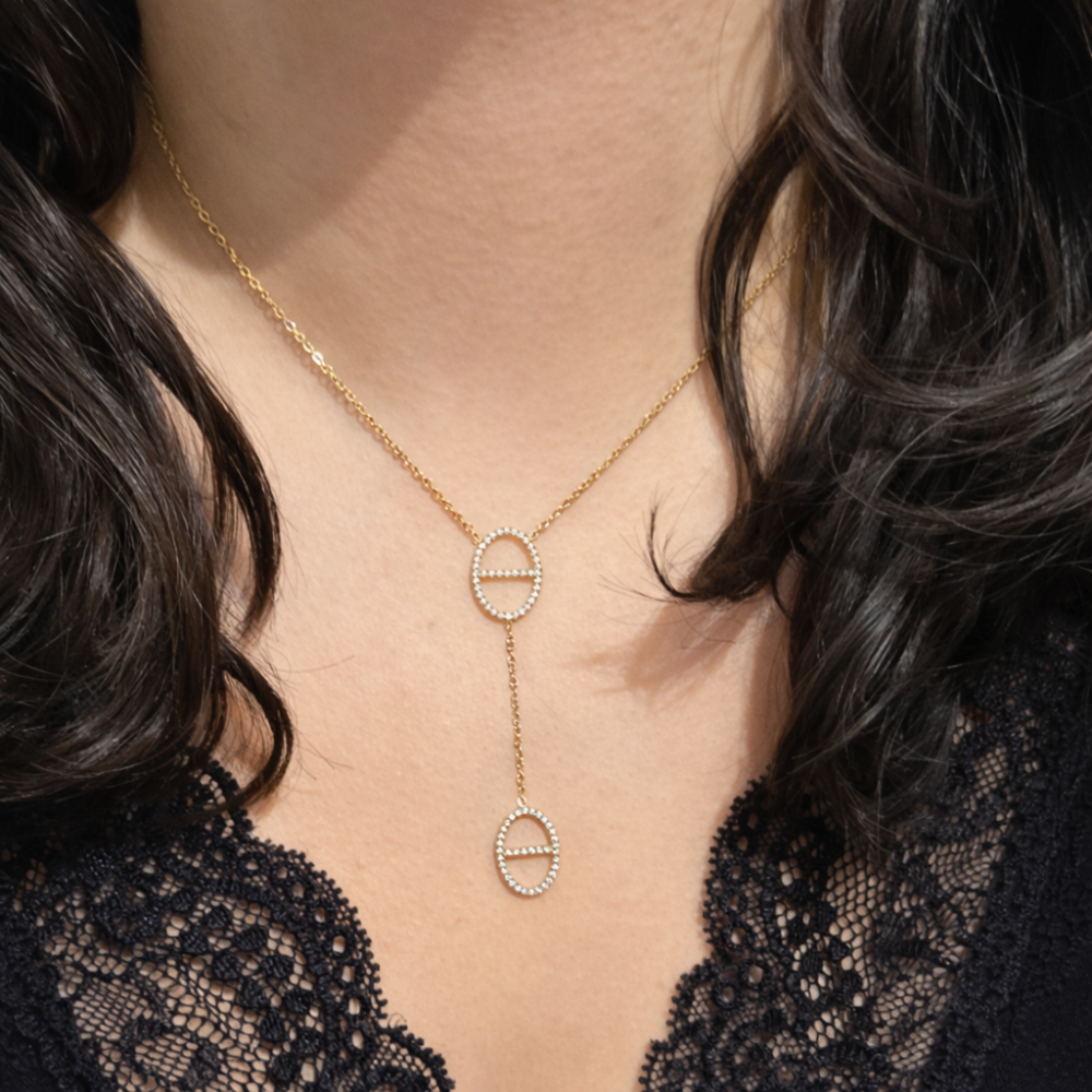 Collier Y maille marine grain de café double ovale acier inoxydable bijoux acier inoxydable | Gaou Bijoux