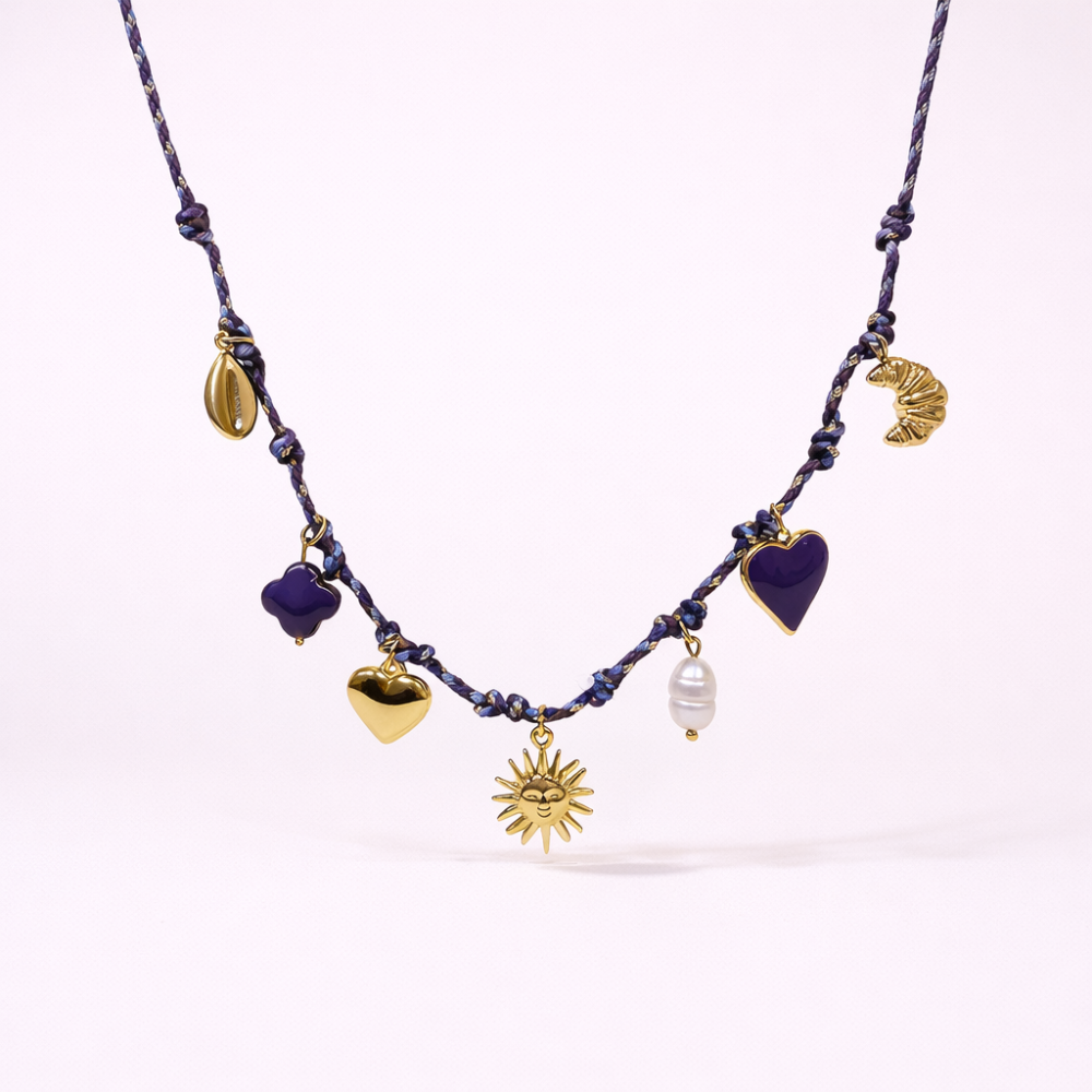 Collier charms soleil cordon Celia bleu violet collier charms tendance bijoux acier inoxydable | Gaou Bijoux