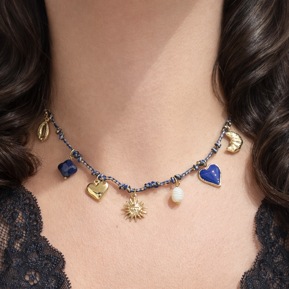 Collier charms soleil cordon Celia bleu violet collier charms tendance bijoux acier inoxydable | Gaou Bijoux