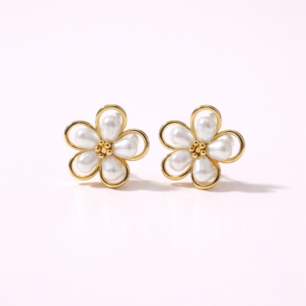 Boucles fleur perles acier inoxydable boucles puces bijoux acier inoxydable | Gaou Bijoux