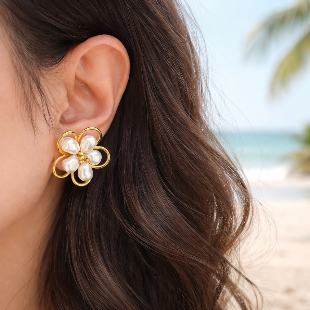 Boucles fleur perles acier inoxydable boucles puces bijoux acier inoxydable | Gaou Bijoux