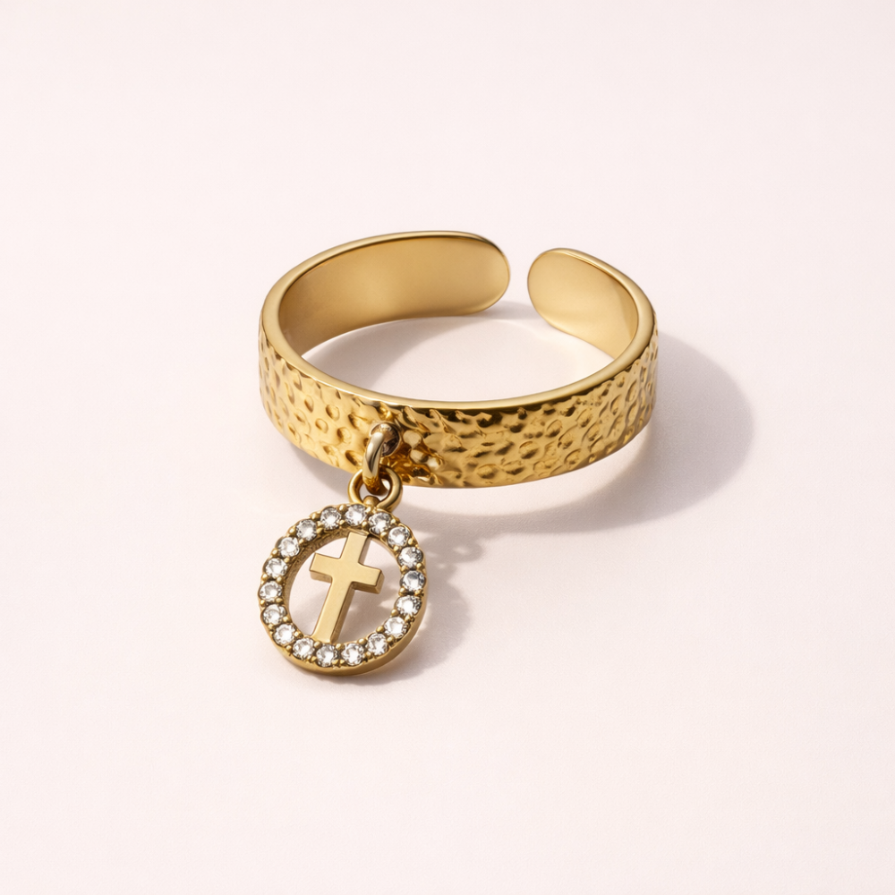 Bague Croix Médaille Strass Dorée | Bague Acier Inoxydable Réglable