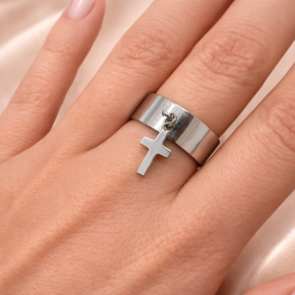 Bague breloque croix argentée acier inoxydable femme bijoux acier inoxydable | Gaou Bijoux