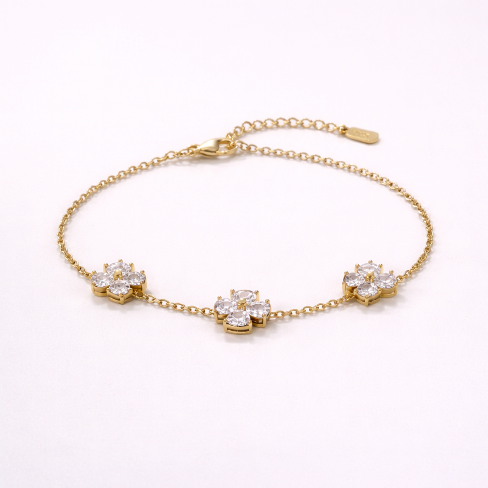 Bracelet fleur doré avec pierres brillantes acier inoxydable élégant femme tendance