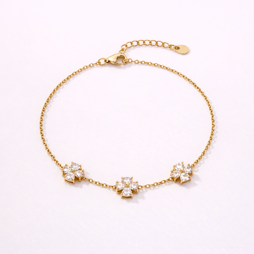 Bracelet fleur doré avec pierres brillantes acier inoxydable élégant femme tendance