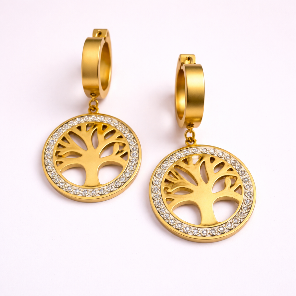 Boucles Arbre de Vie Strassées dorées – bijoux acier inoxydable | Gaou Bijoux