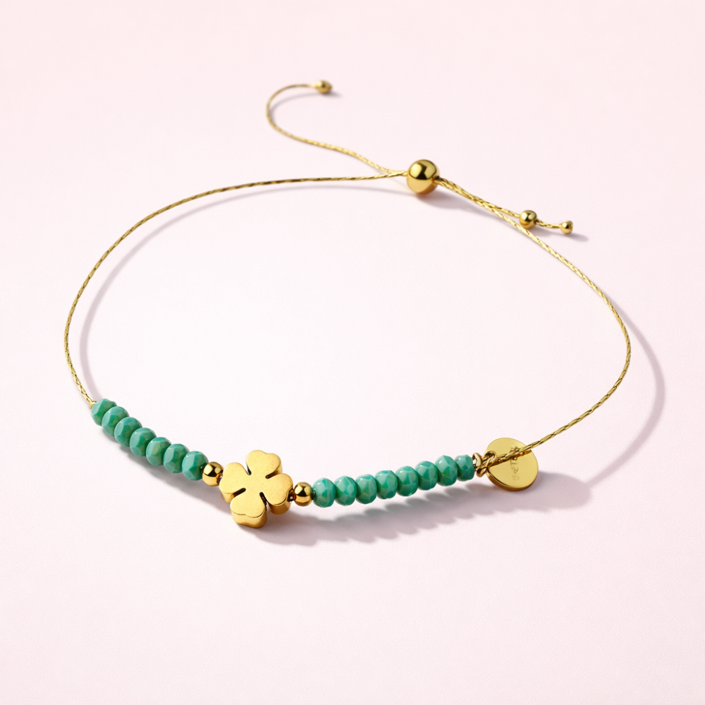 Bracelet trèfle ajustable Lucky – acier inoxydable & perles vertes | Gaou Bijoux