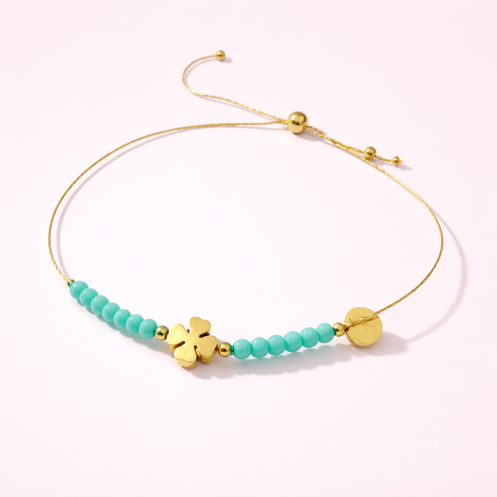 Bracelet trèfle ajustable Lucky – acier inoxydable & perles vertes | Gaou Bijoux