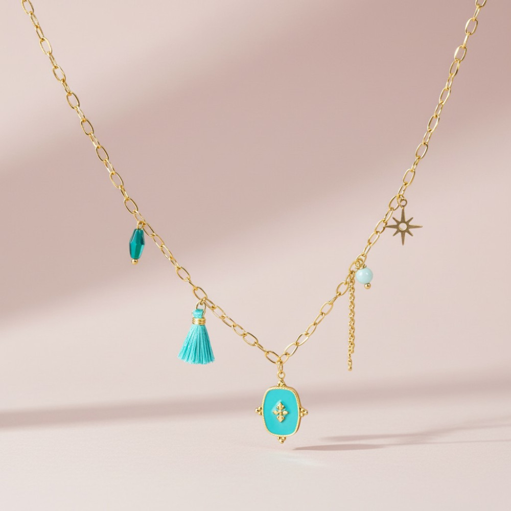 Collier Emma – Chaîne dorée à breloques colorées en acier inoxydable | Gaou Bijoux