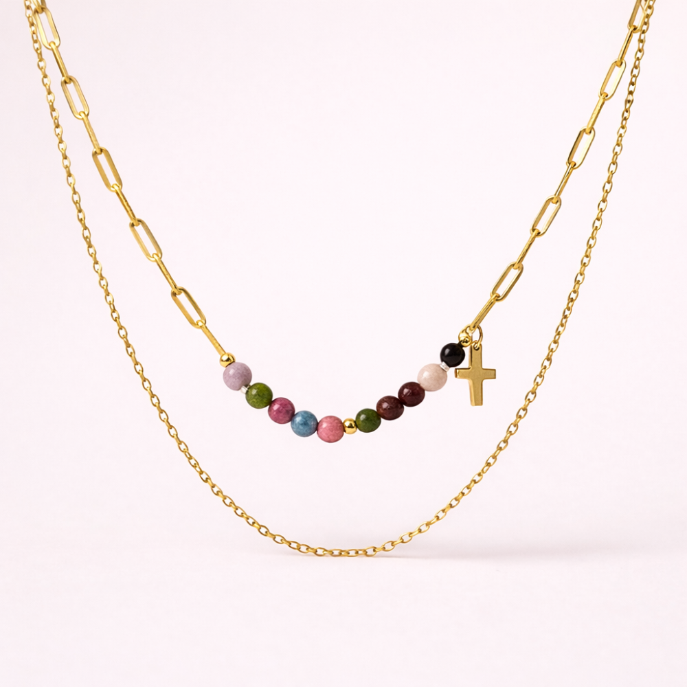 Collier Perles Multicolores & Croix Dorée – collier chic et moderne | Gaou Bijoux