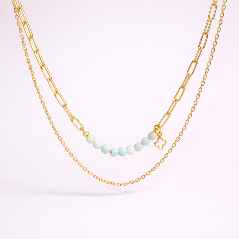 Collier Multirang Perles Vert d’Eau & Trèfle Doré – collier porte-bonheur chic | Gaou Bijoux