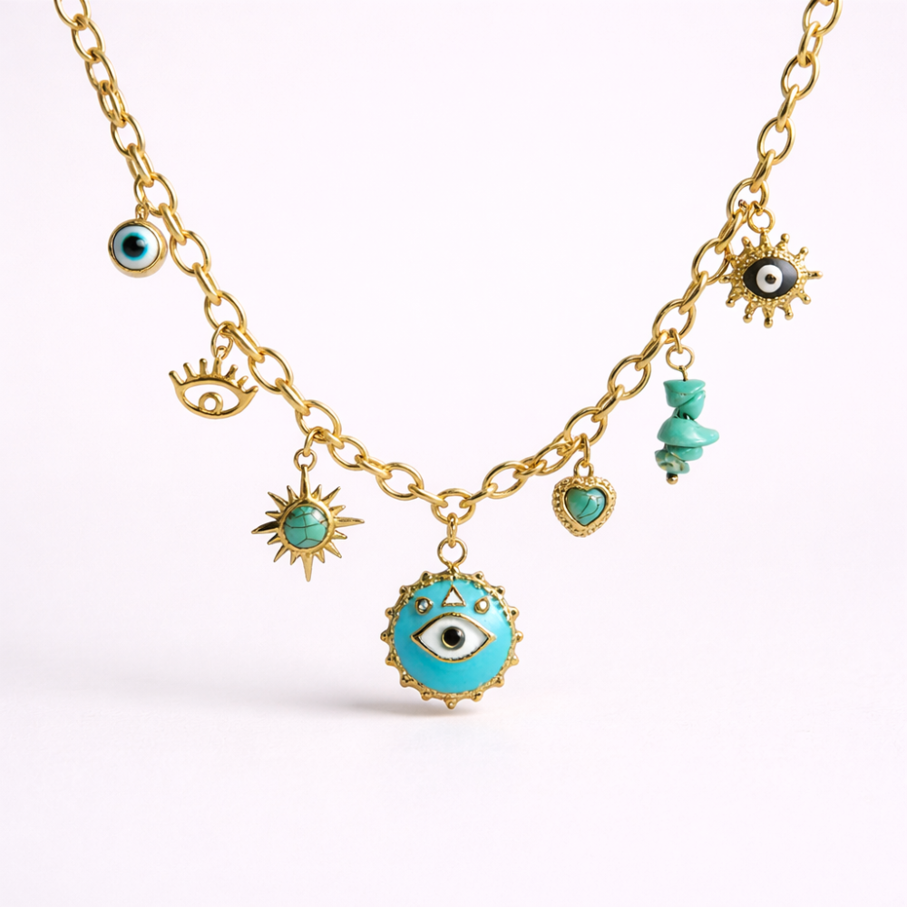 Collier charms œil turquoise doré en acier inoxydable | Gaou Bijoux