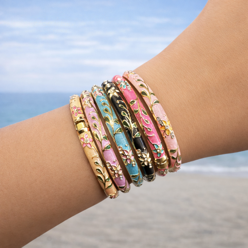 Bracelet jonc thaïlandais émaillé floral multicolore  tendance bohème chic  | Gaou Bijoux