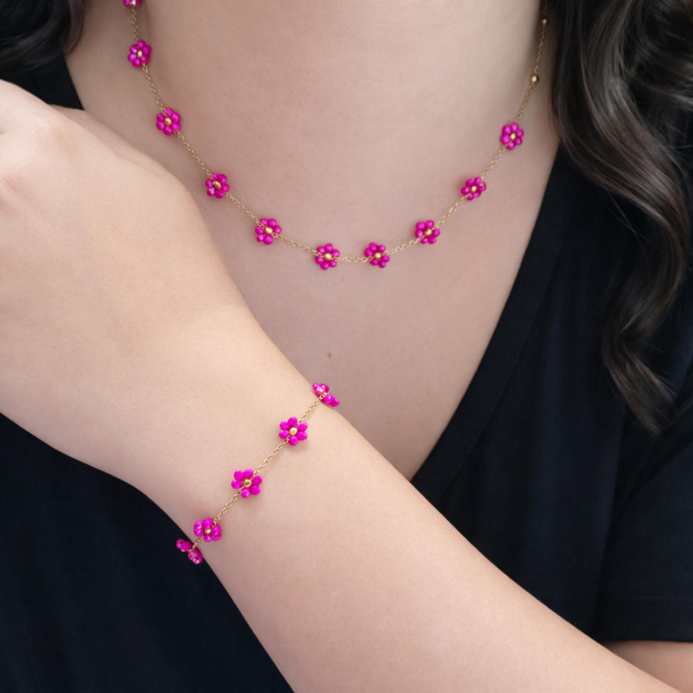 Parure collier bracelet fleur colorée acier inoxydable tendance été femme bijoux | Gaou Bijoux