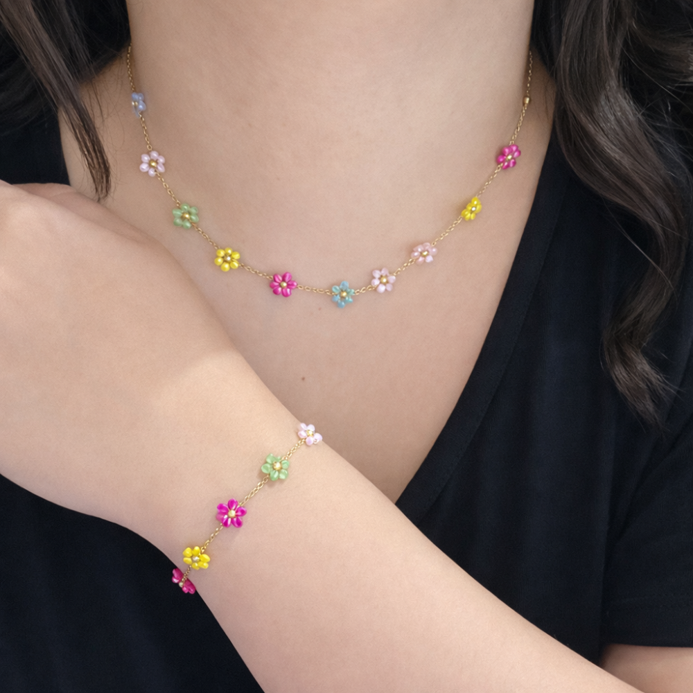 Parure collier bracelet fleur colorée acier inoxydable tendance été femme bijoux | Gaou Bijoux