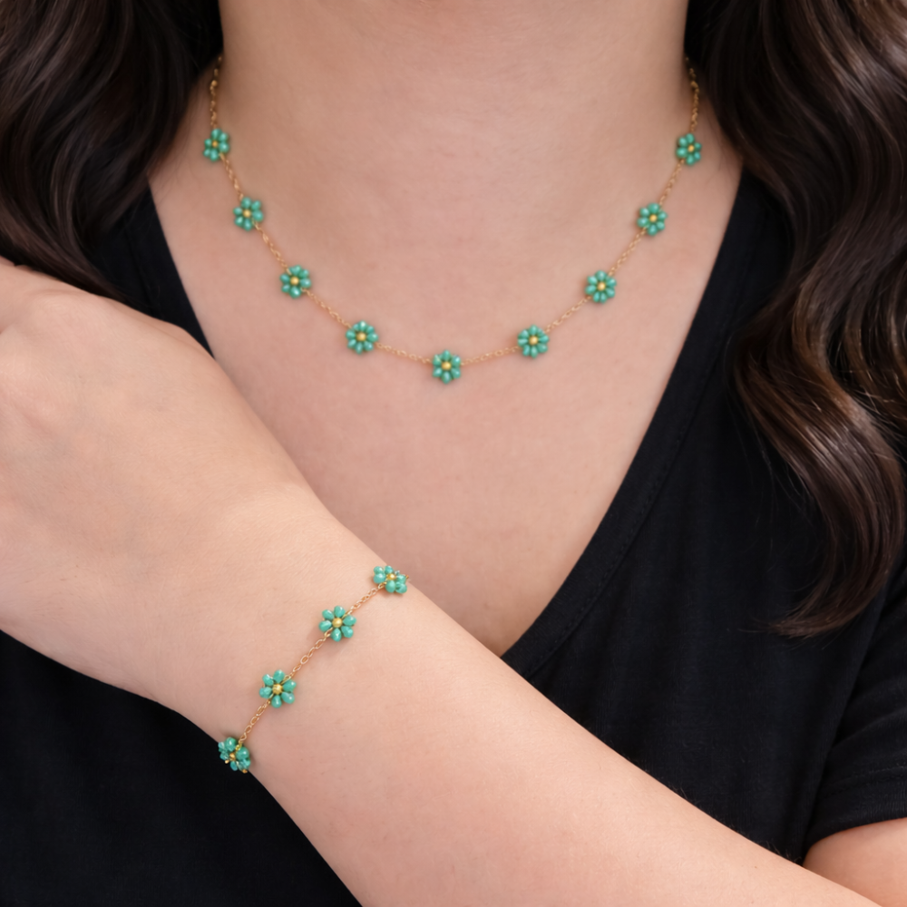 Parure collier bracelet fleur colorée acier inoxydable tendance été femme bijoux | Gaou Bijoux