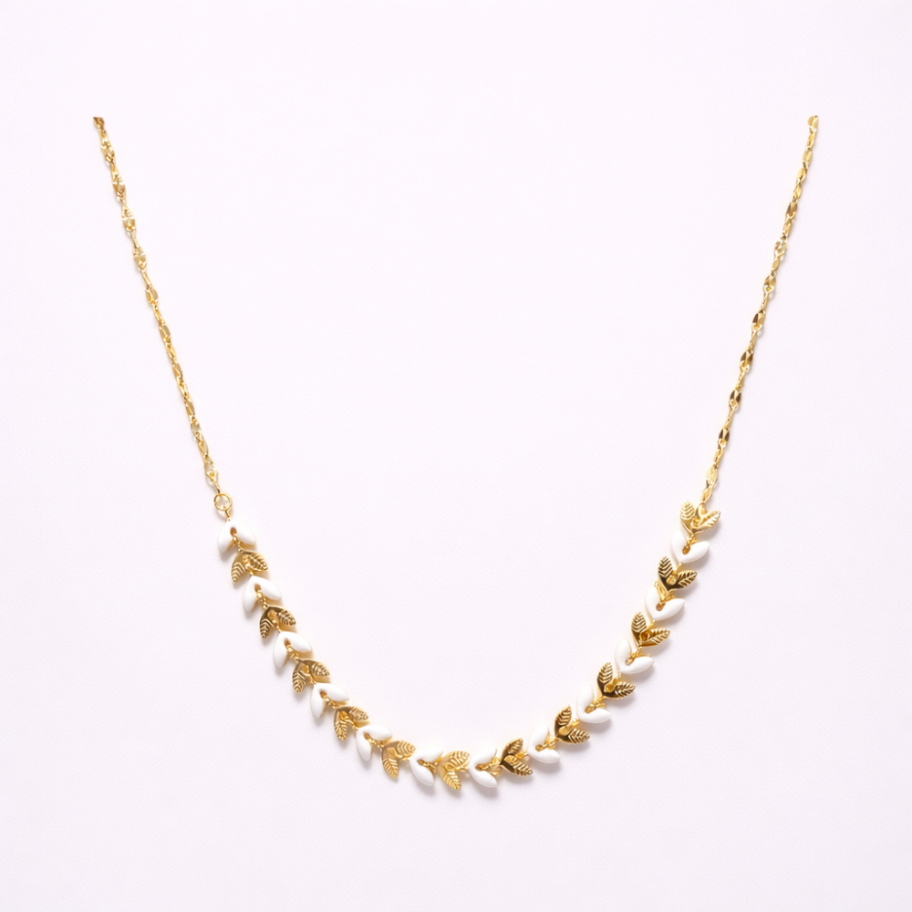 Collier Épi blanc – Feuilles dorées et perles en acier inoxydable | Gaou Bijoux
