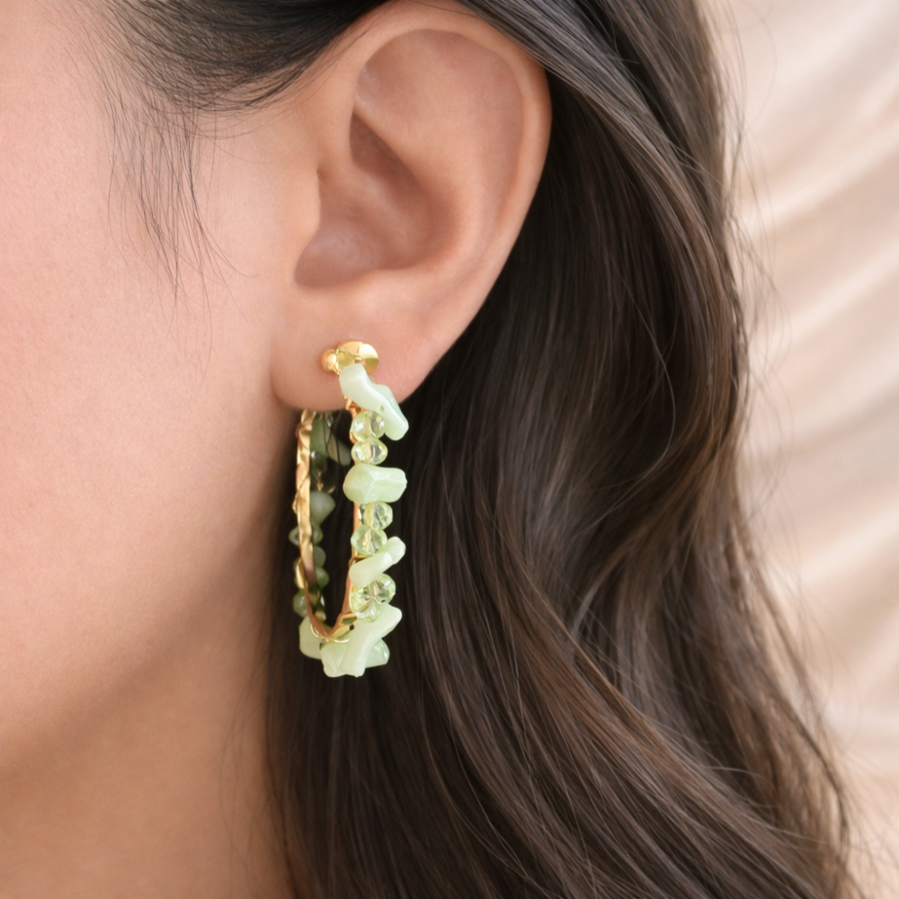 Boucles d’oreilles créoles perles vertes acier inoxydable bohème chic tendance été | Gaou Bijoux