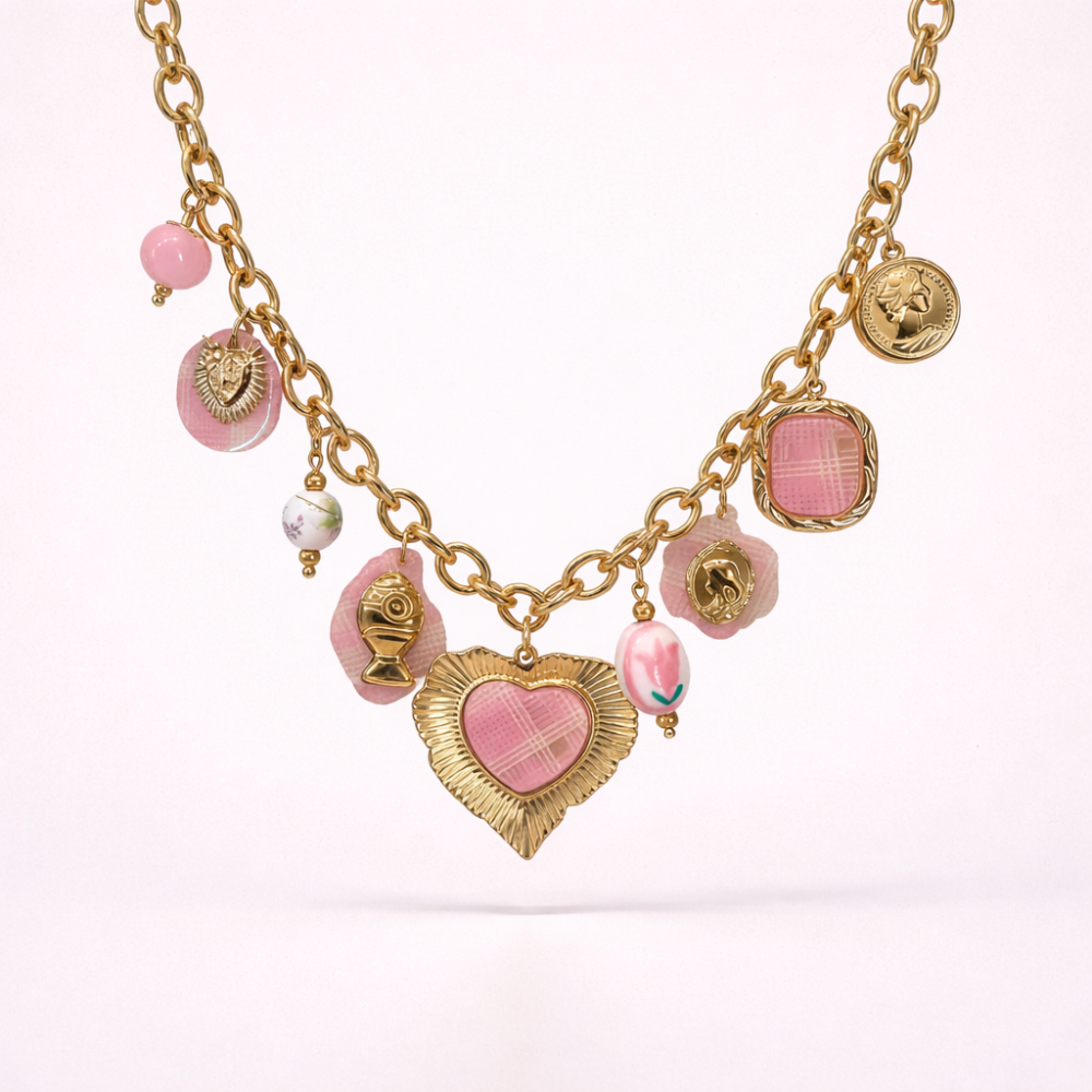 Collier charms cœur Vichy rose acier inoxydable  | Gaou Bijoux