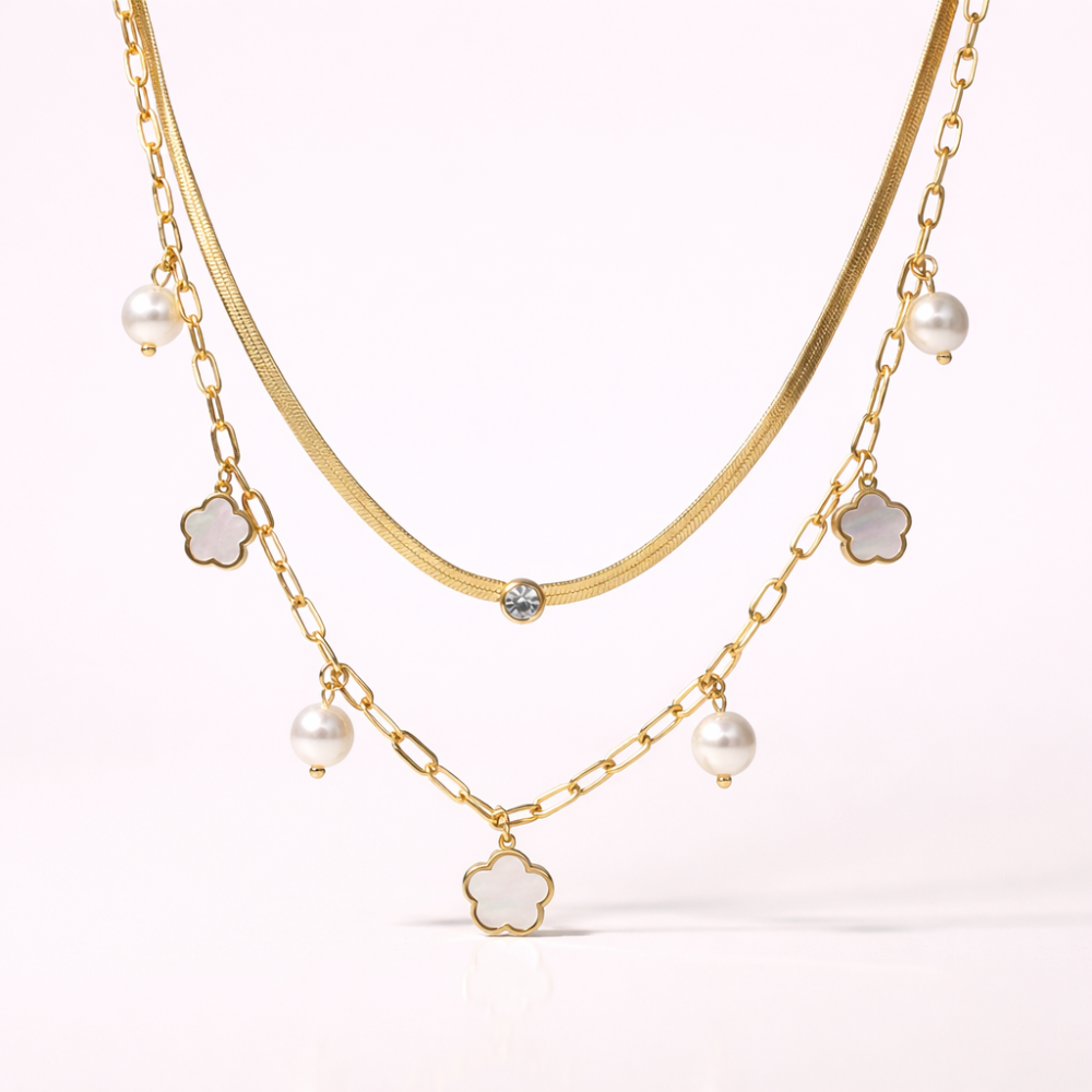 Collier multirang perles et trèfles nacrés acier inoxydable doré | Gaou Bijoux