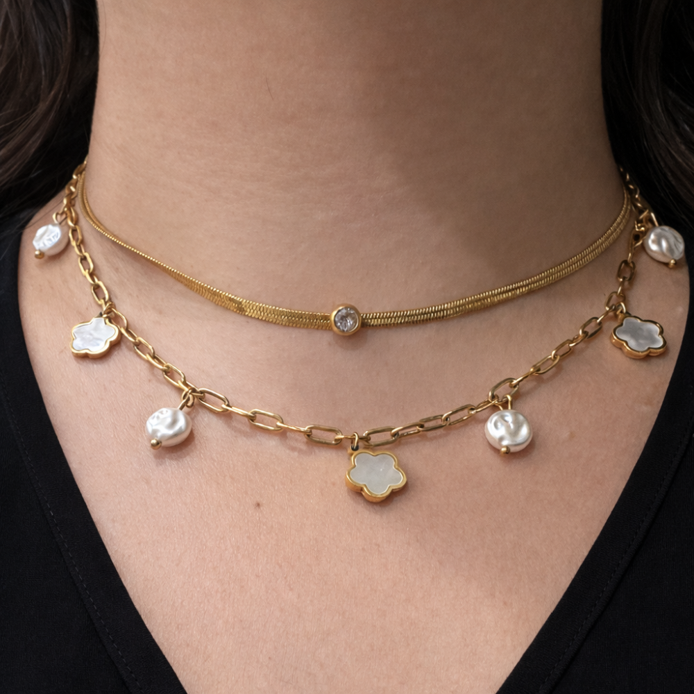 Collier multirang perles et trèfles nacrés acier inoxydable doré | Gaou Bijoux