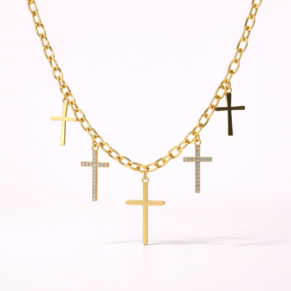 Collier croix multicharms acier inoxydable doré ou argent tendance | Gaou Bijoux