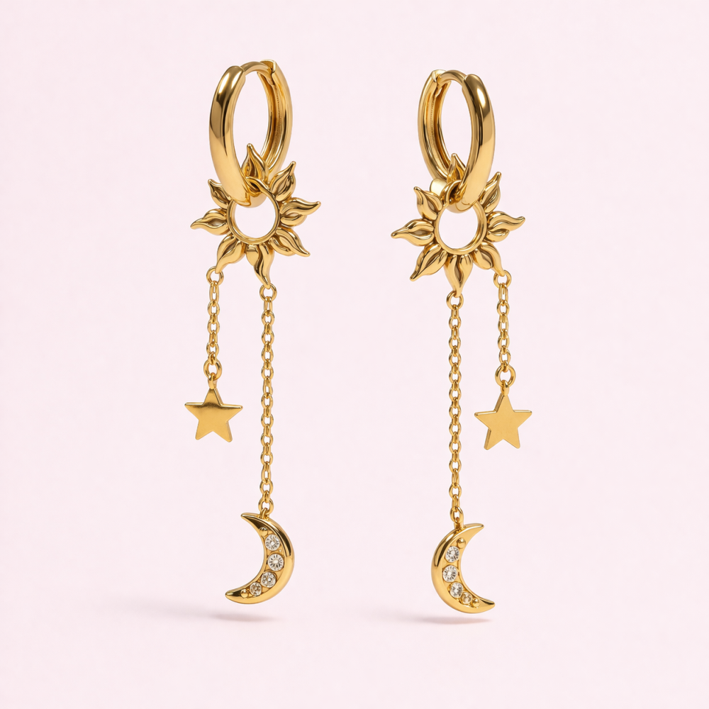 Boucles soleil lune étoile dorées acier inoxydable | Gaou Bijoux