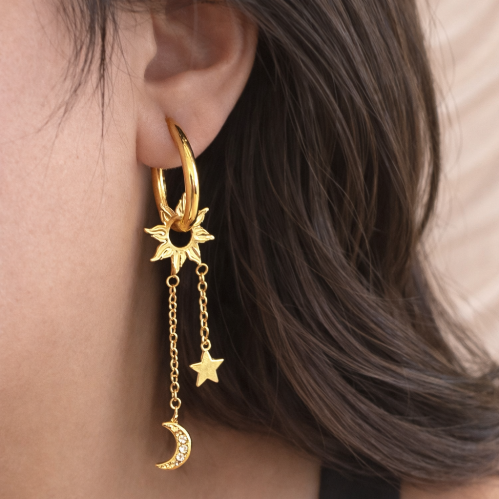 Boucles soleil lune étoile dorées acier inoxydable | Gaou Bijoux