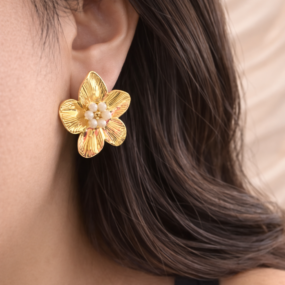 Boucles d’Oreilles Fleur Dorée Perles Colorées | Gaou Bijoux