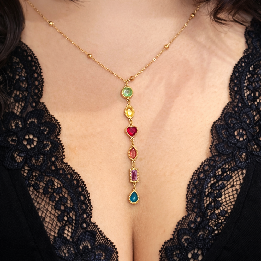 Collier pendentif multicolore cascade pierres acier inox | Gaou Bijoux