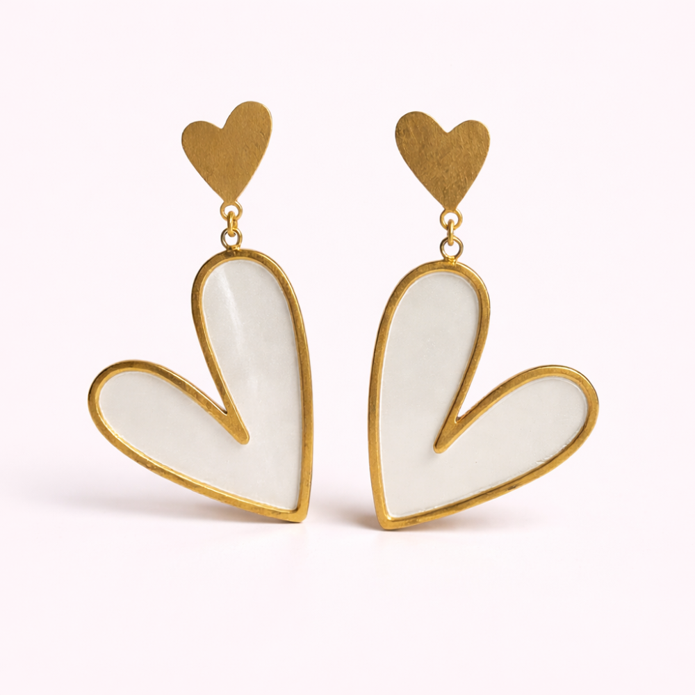 Boucles d’Oreilles Cœur Blanc & Doré acier inoxydable | Gaou Bijoux