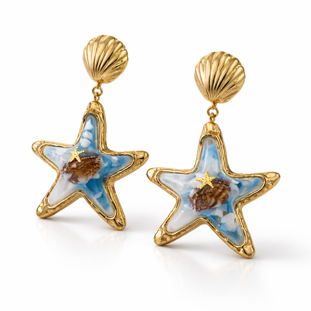 Boucles d’oreilles étoile de mer dorées bleu été | Gaou Bijoux