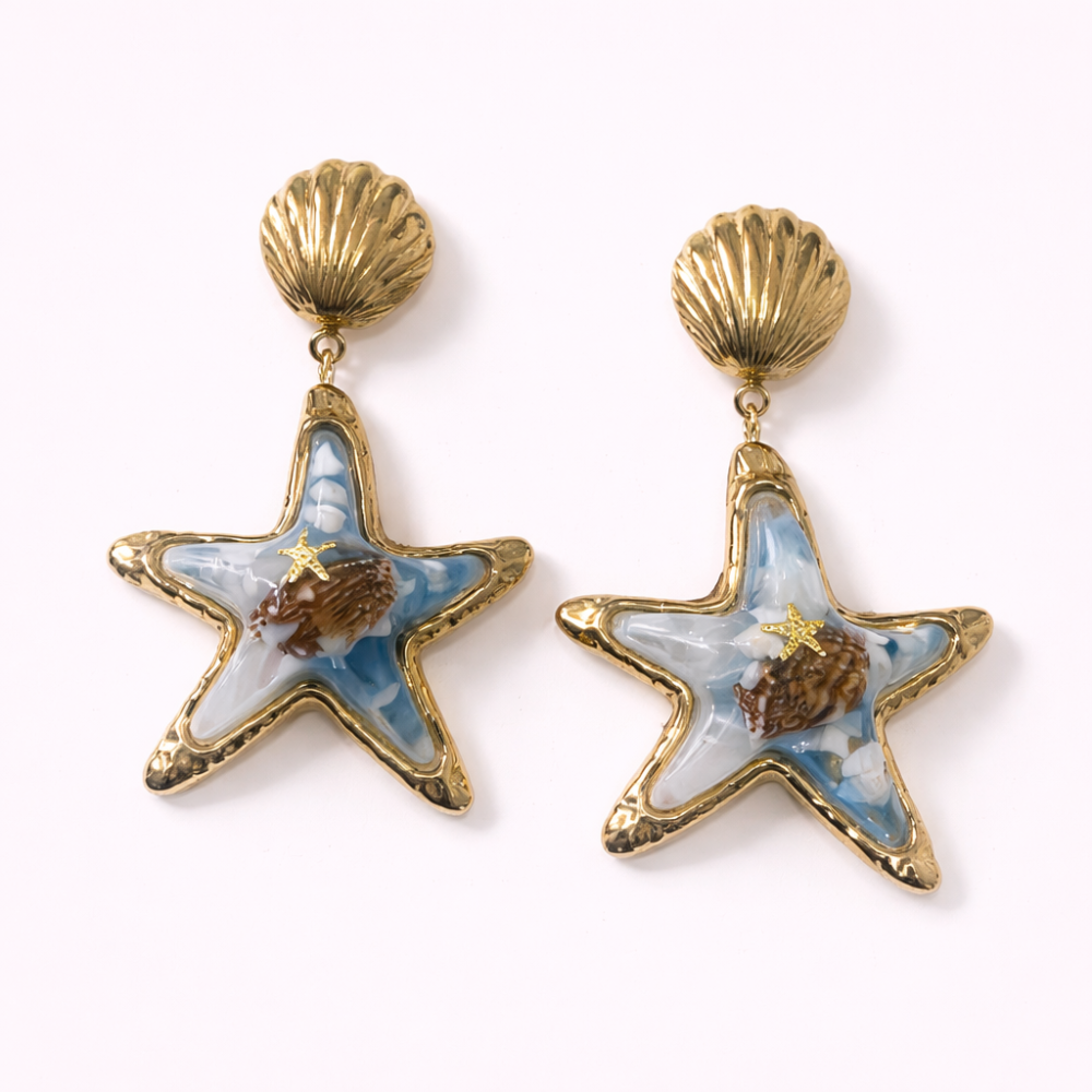 Boucles d’oreilles étoile de mer dorées bleu été | Gaou Bijoux