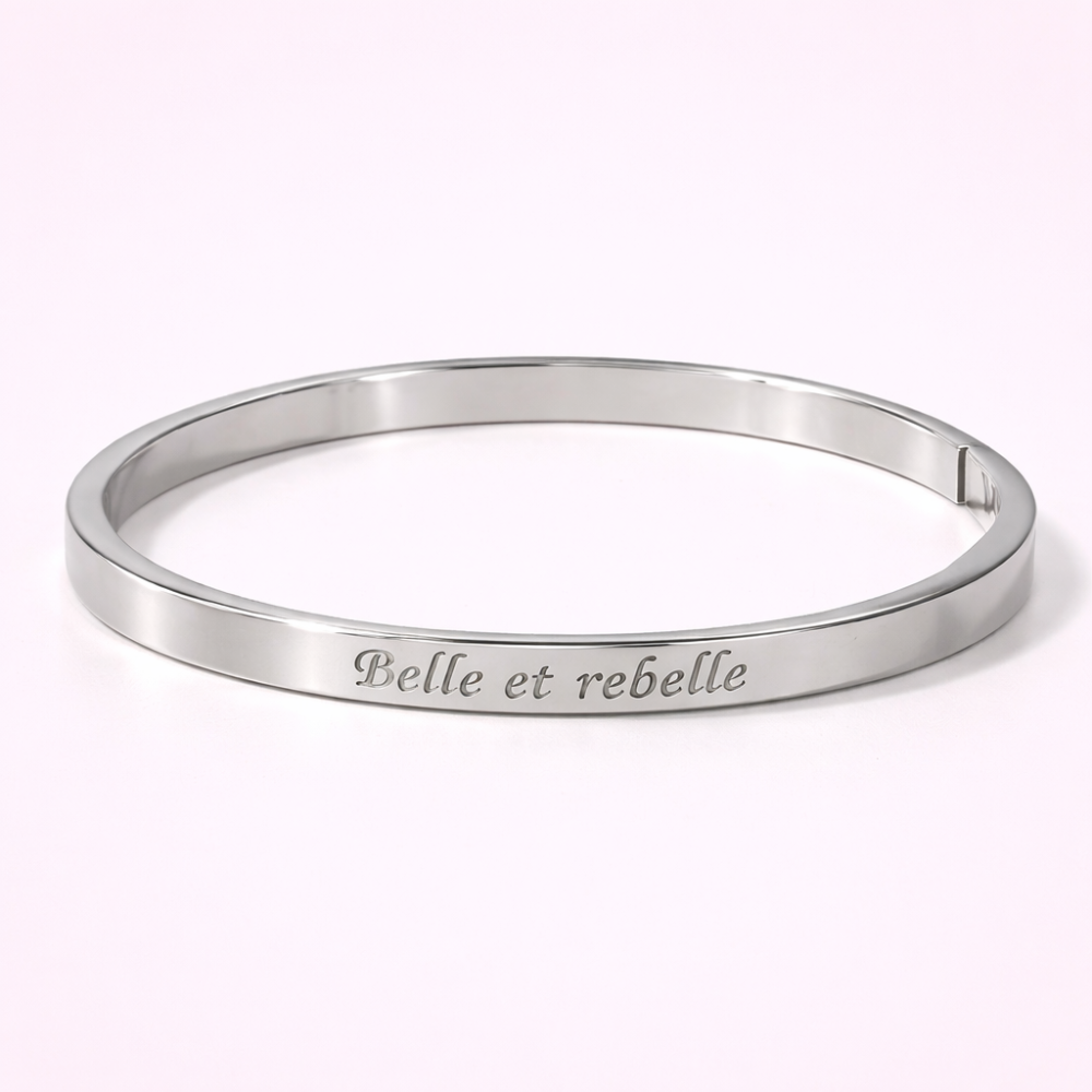 jonc argenté gravé belle et rebelle acier inoxydable