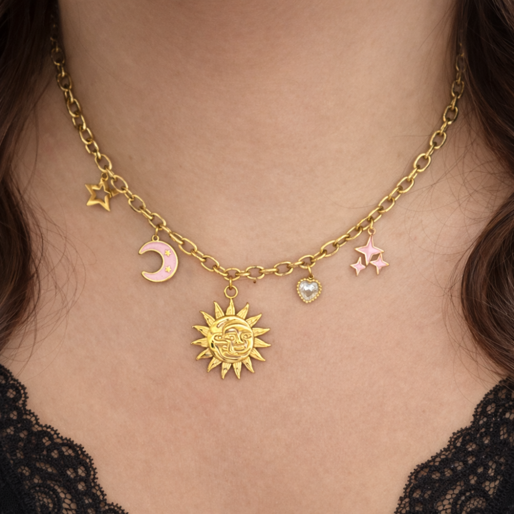Collier charms soleil lune acier inoxydable doré | Gaou Bijoux